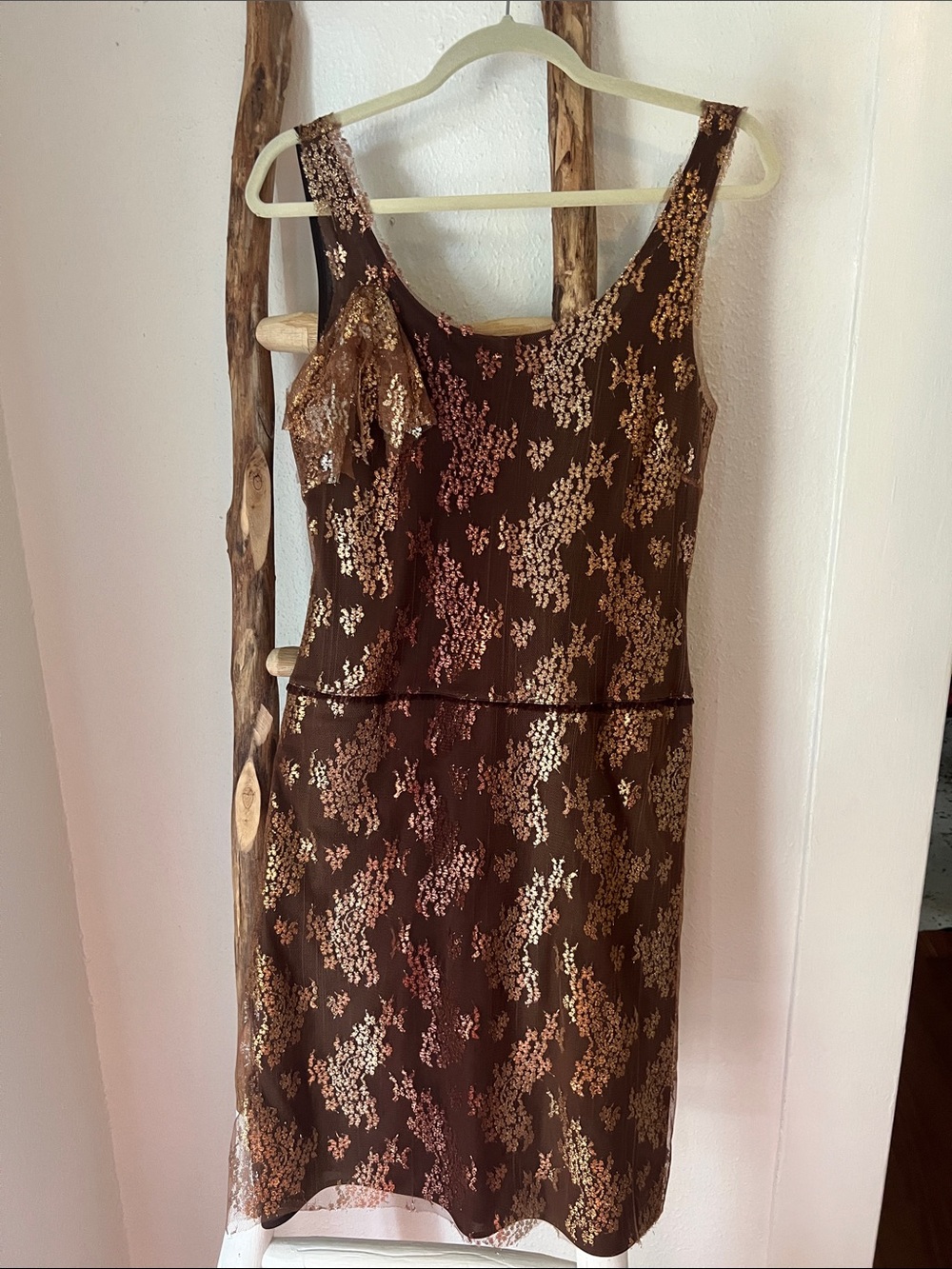 Alexia Admor Brown Copper Metallic Lace Dress Floral Detail Flounce Y2K SJP L